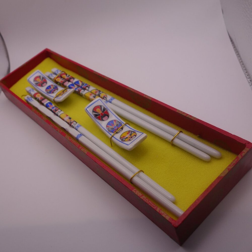 Set of Two(2) Ceramic Chop Sticks with Ceramic Rests and Box